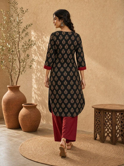 Elegant Black Ajrakh Booti Print Kurta with Wooden Buttons & Maroon Contrast Neckline Detail