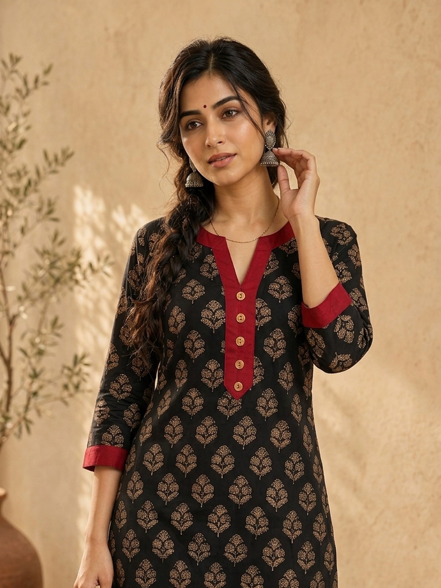 Elegant Black Ajrakh Booti Print Kurta with Wooden Buttons & Maroon Contrast Neckline Detail