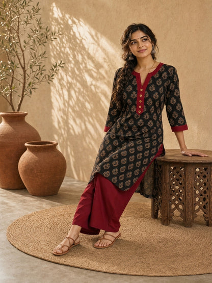 Elegant Black Ajrakh Booti Print Kurta with Wooden Buttons & Maroon Contrast Neckline Detail
