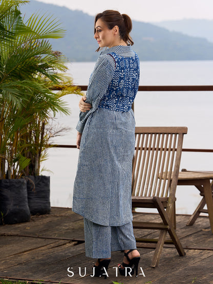 Indigo Printed Sleeveless Jacket with Maroon accents and Open-Front Design - Kurta optional