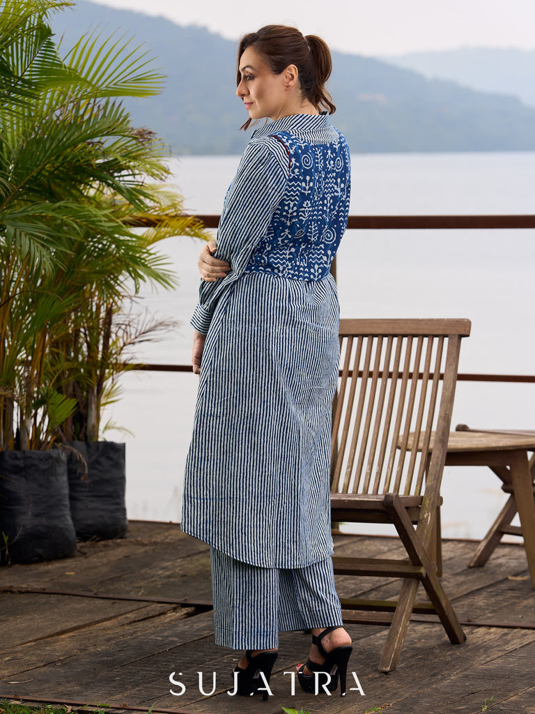 Indigo Printed Sleeveless Jacket with Maroon accents and Open-Front Design