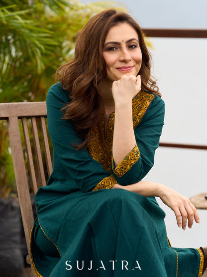 Artisanal Teal Cotton Kurta featuring Contrast Mustard Ajrakh Print Panel