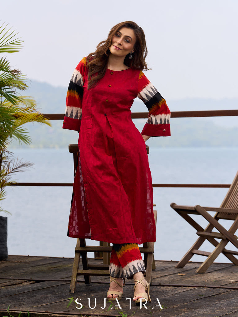 Elegant Red Cotton Jamdani Kurta with Complementing Ikat Patterned Sleeves and Front Pleat Details
