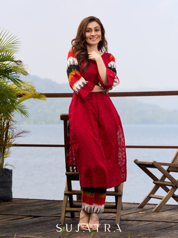 Elegant Red Cotton Jamdani Kurta with Complementing Ikat Patterned Sleeves and Front Pleat Details