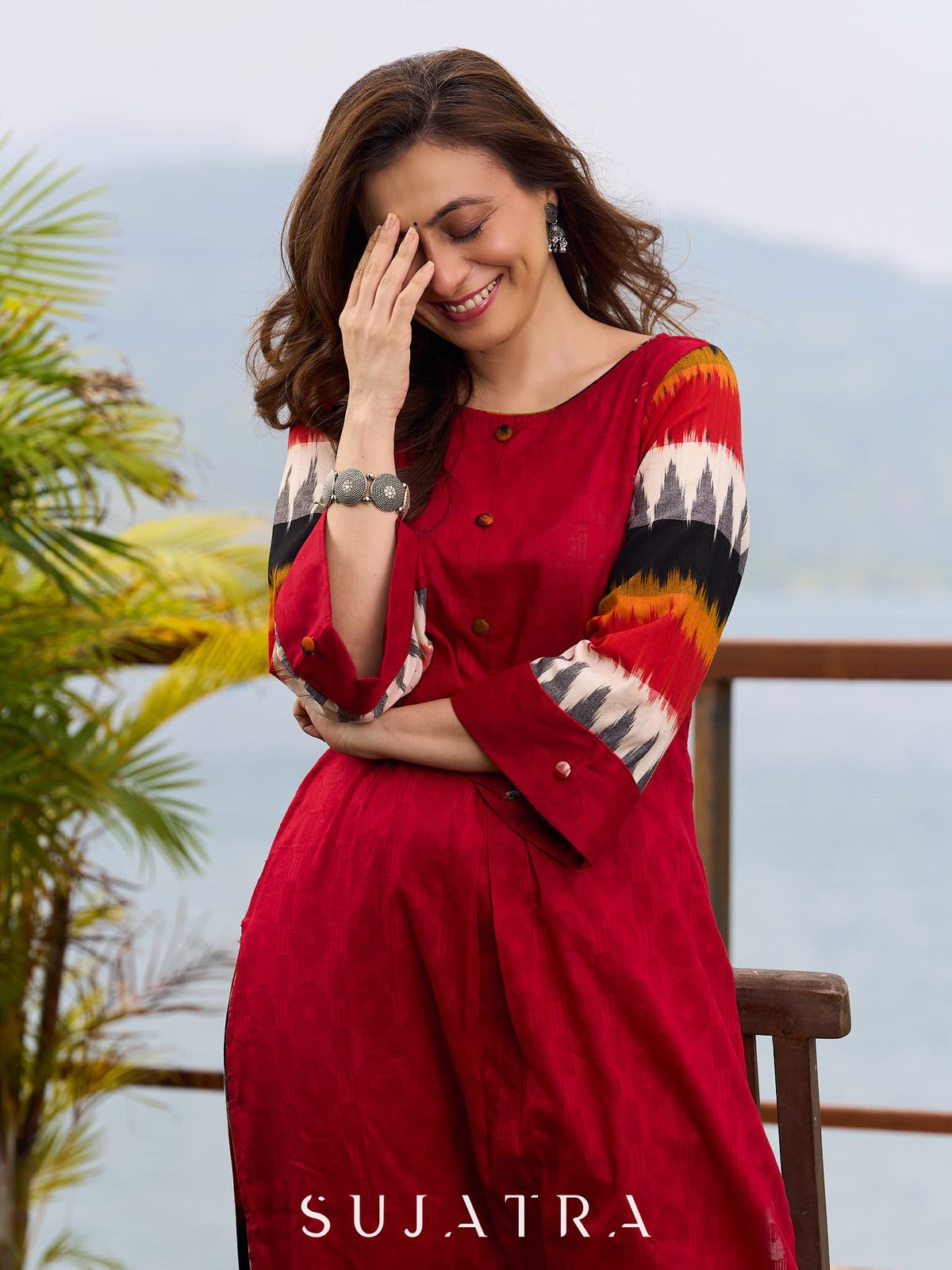 Dussehra Sale — Elegant Red Cotton Jamdani Kurta with Complementing Ikat Patterned Sleeves and Front Pleat Details - Pant Optional
