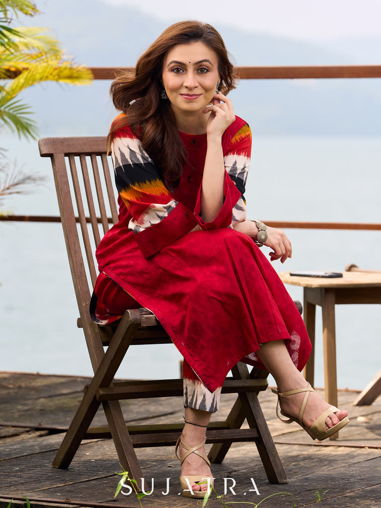 Elegant Red Cotton Jamdani Kurta with Complementing Ikat Patterned Sleeves and Front Pleat Details