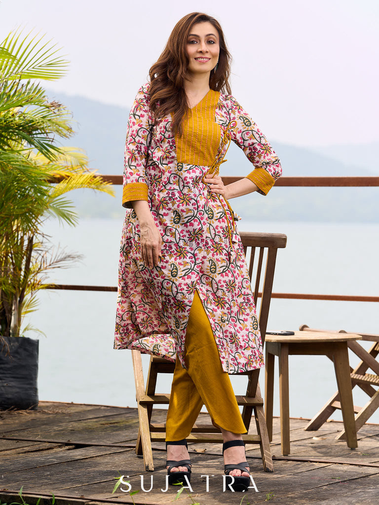 Charming Floral Print Angarkha Kurta featuring Contrast Mustard Embroidered Yoke