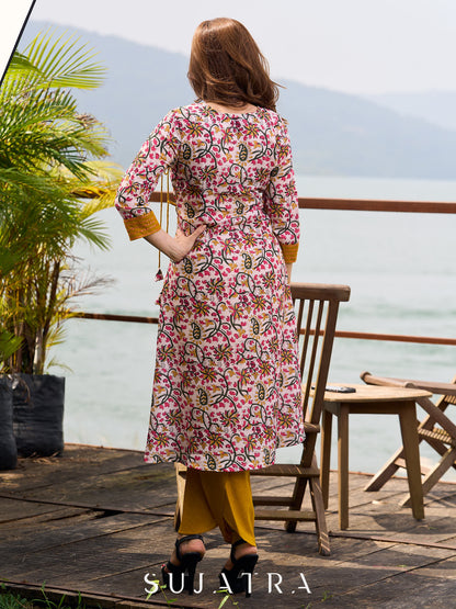 Charming Floral Print Angarkha Kurta featuring Contrast Mustard Embroidered Yoke