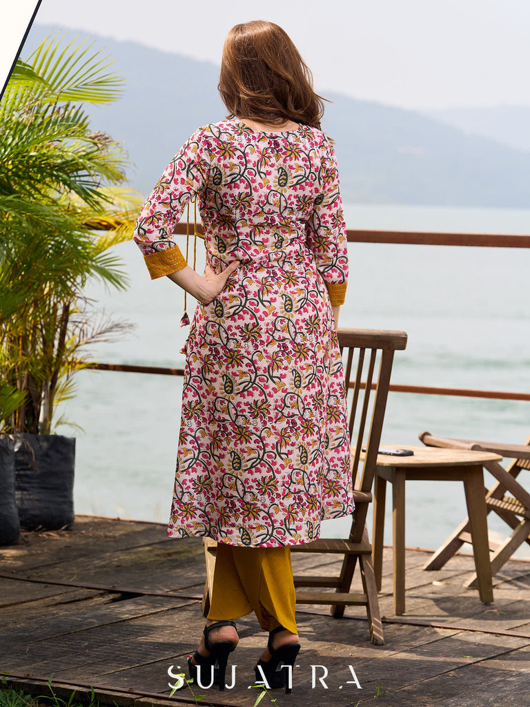 Charming Floral Print Angarkha Kurta featuring Contrast Mustard Embroidered Yoke