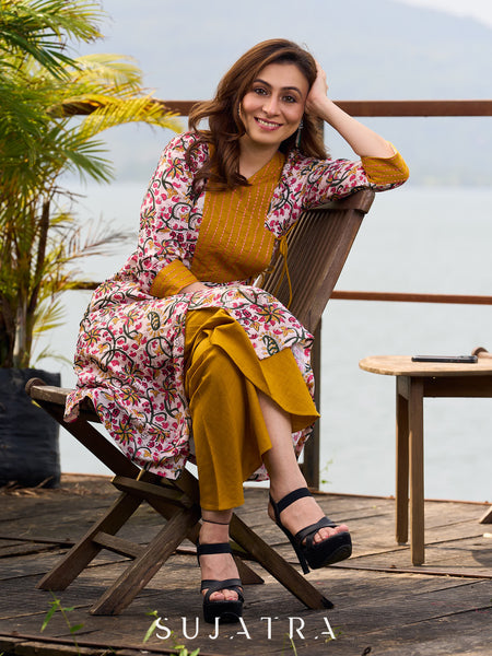 Charming Floral Print Angarkha Kurta featuring Contrast Mustard Embroidered Yoke
