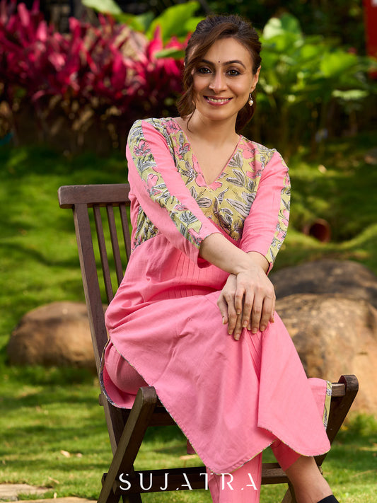 Charming Pink and Green Floral Kurta featuring Delicate Centre Pintucks