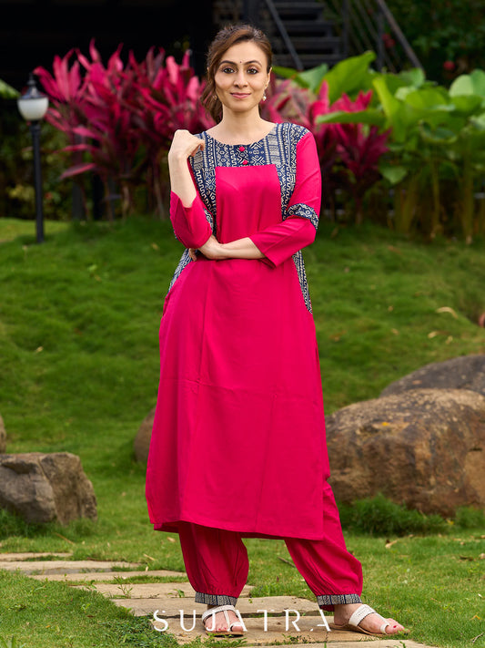 Magenta Rayon Kurta with Blue Printed Viscose Panel Detailing