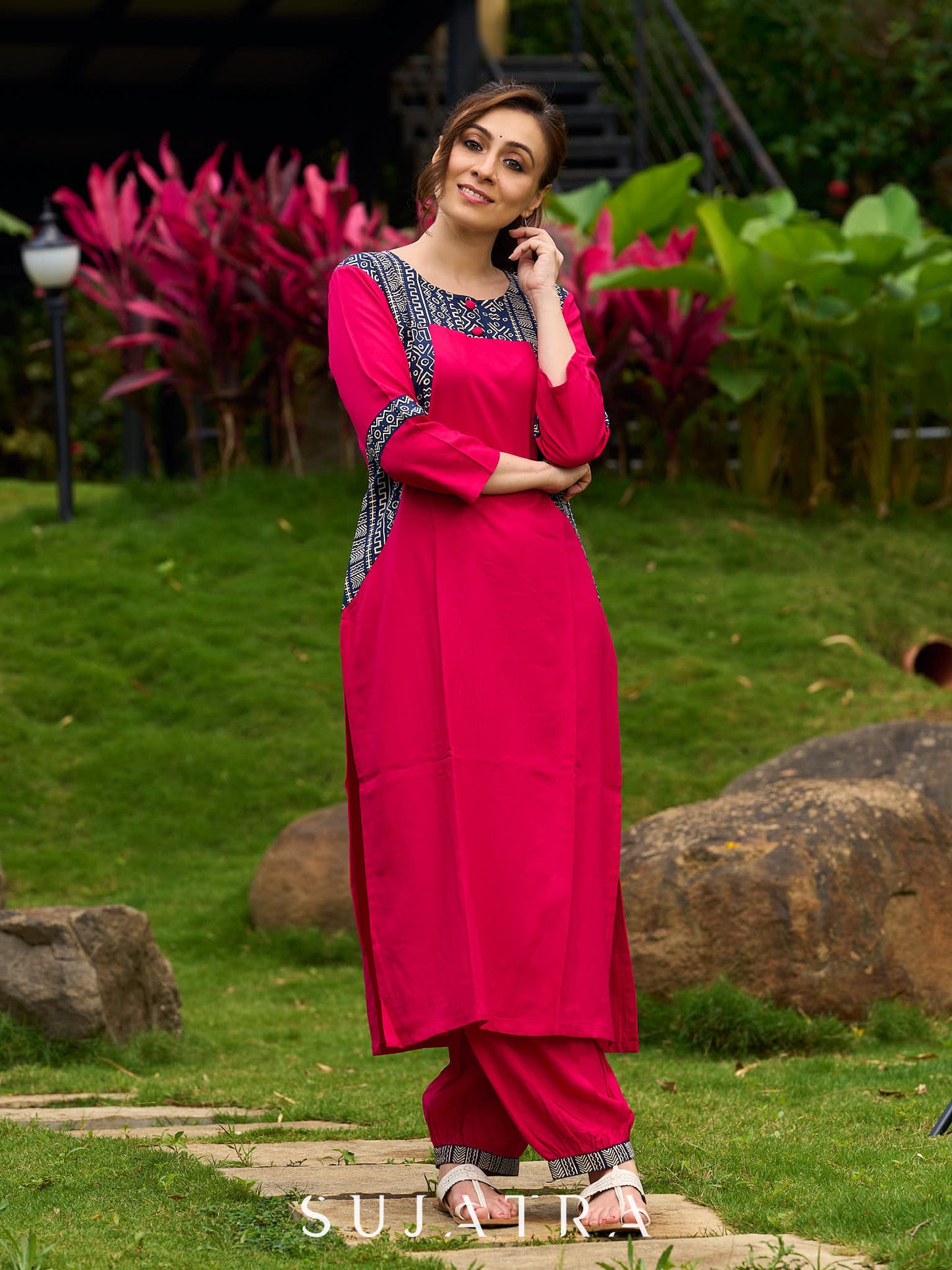 Magenta Rayon Kurta with Blue Printed Viscose Panel Detailing