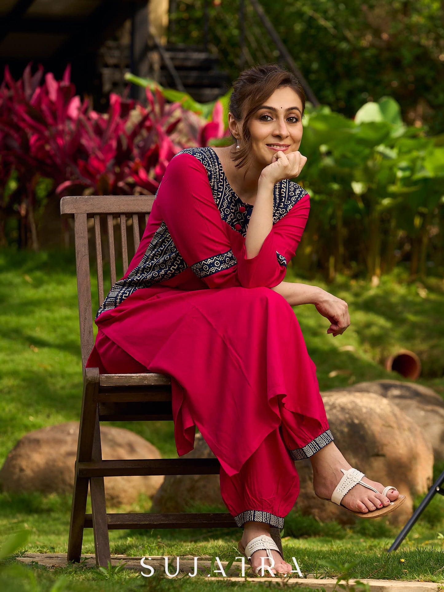 Magenta Rayon Kurta with Blue Printed Viscose Panel Detailing