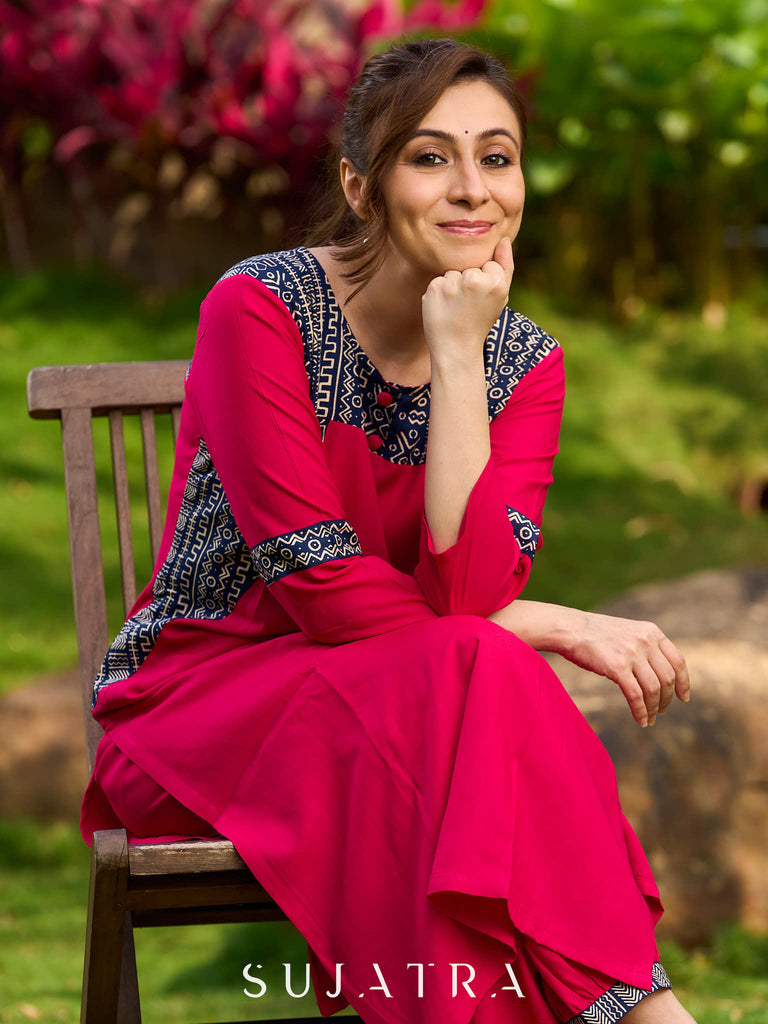 Magenta Rayon Kurta with Blue Printed Viscose Panel Detailing