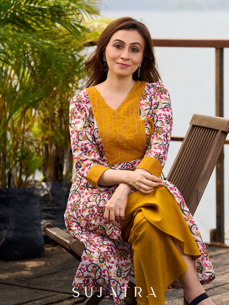 Charming Floral Print Angarkha Kurta featuring Contrast Mustard Embroidered Yoke