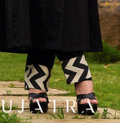 Black Straight Fit Pants with Zigzag Border