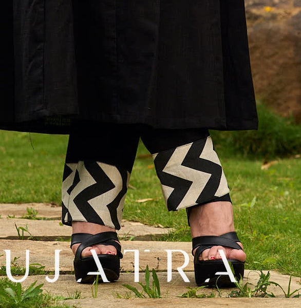 Black Straight Fit Pants with Zigzag Border