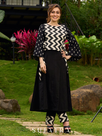 Black Straight Fit Pants with Zigzag Border