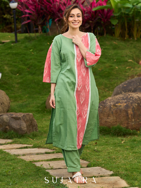 Subtle Pista Cotton Kurta featuring Asymmetric Peach Ikat Border Detailing