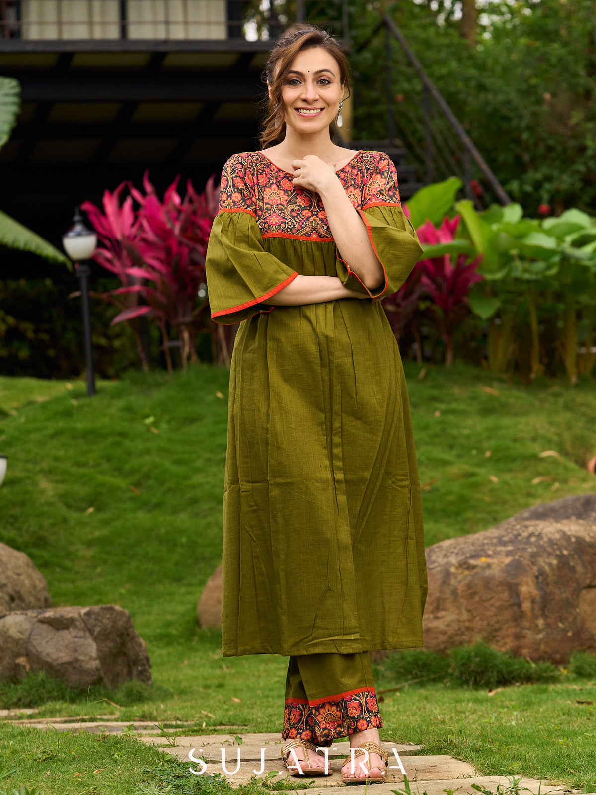 Dussehra Sale — Olive Cotton Kurta with Digital Printed Yoke and Vibrant Orange Accents - Pant Optional