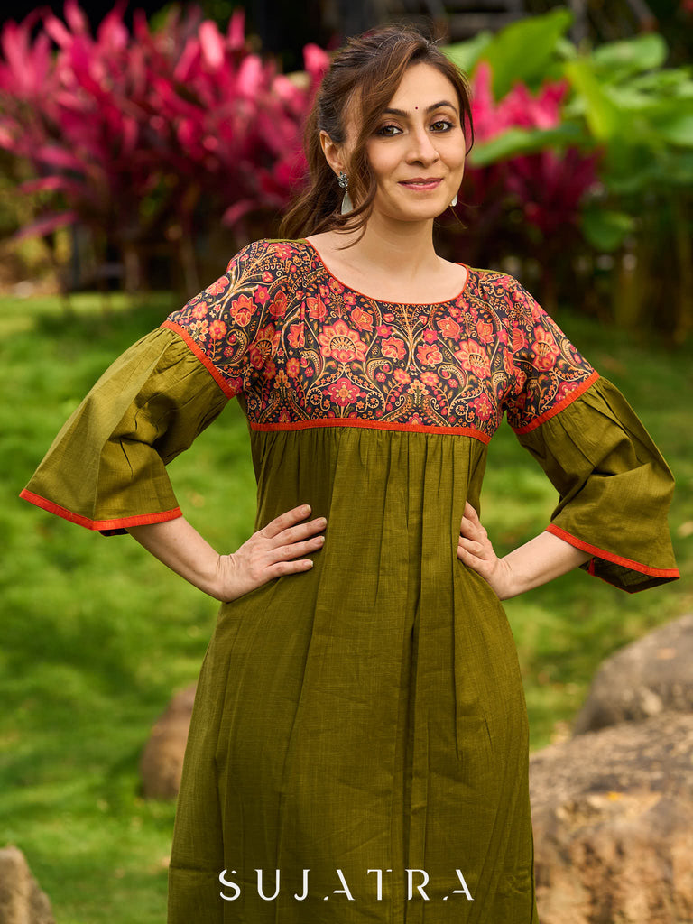 Olive Cotton Kurta with Digital Printed Yoke and Vibrant Orange Accents