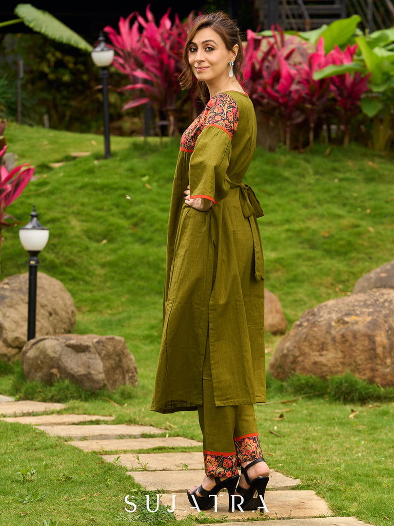 Olive Cotton Kurta with Digital Printed Yoke and Vibrant Orange Accents
