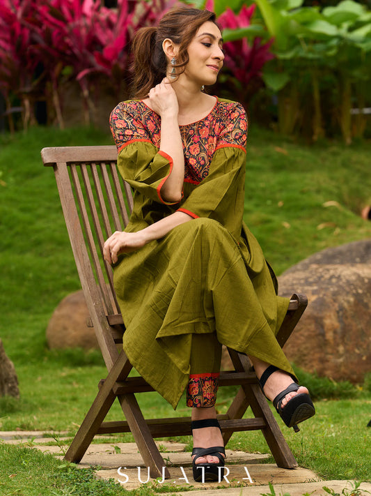 Olive Cotton Kurta with Digital Printed Yoke and Vibrant Orange Accents