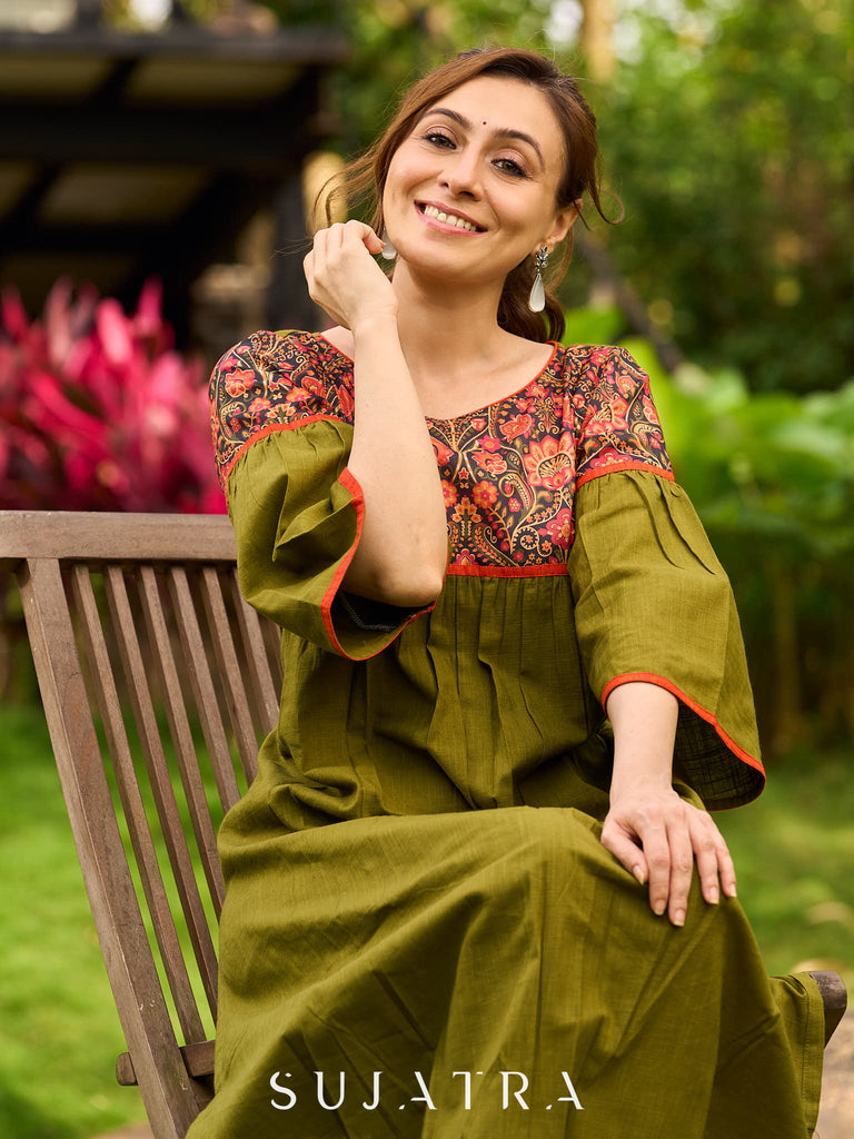 Olive Cotton Kurta with Digital Printed Yoke and Vibrant Orange Accents