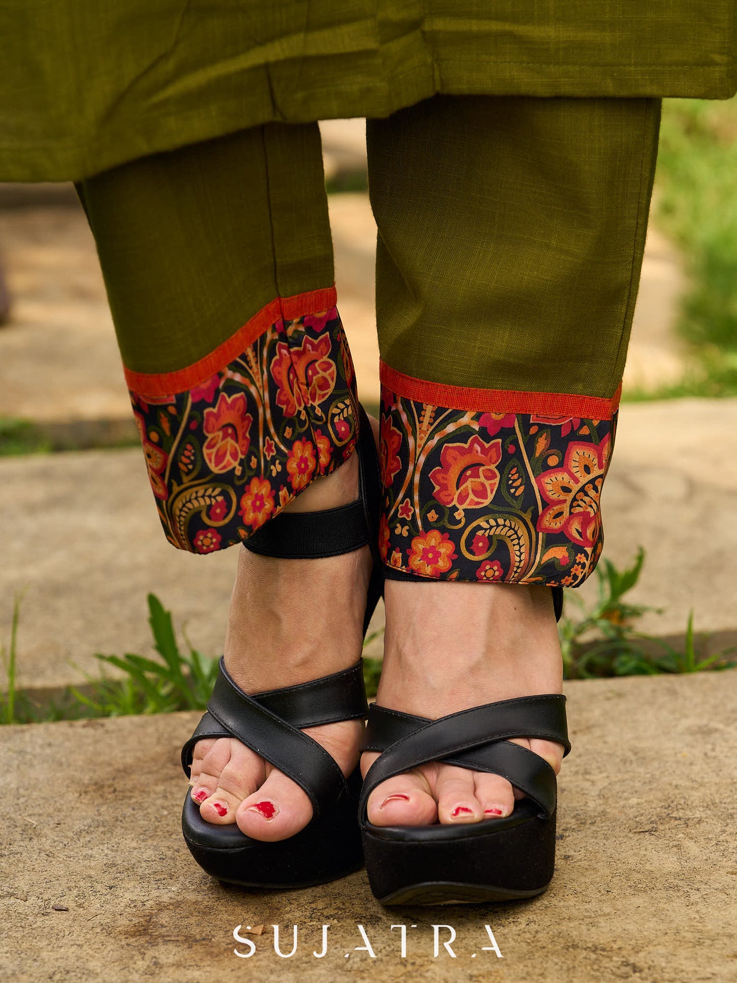 Olive Cotton Kurta with Digital Printed Yoke and Vibrant Orange Accents