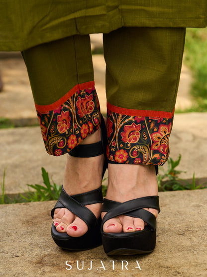 Olive Cotton Kurta with Digital Printed Yoke and Vibrant Orange Accents