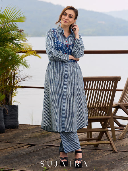 Classic Indigo A-Line Kurta with Vertical Stripes and Front Button Detailing - Jacket Optional