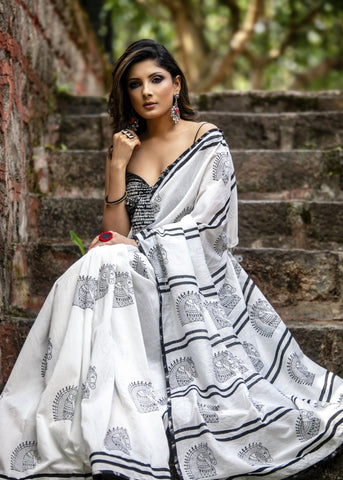 Exclusive block printed Ajrakh & rust chanderi pleats combination saree