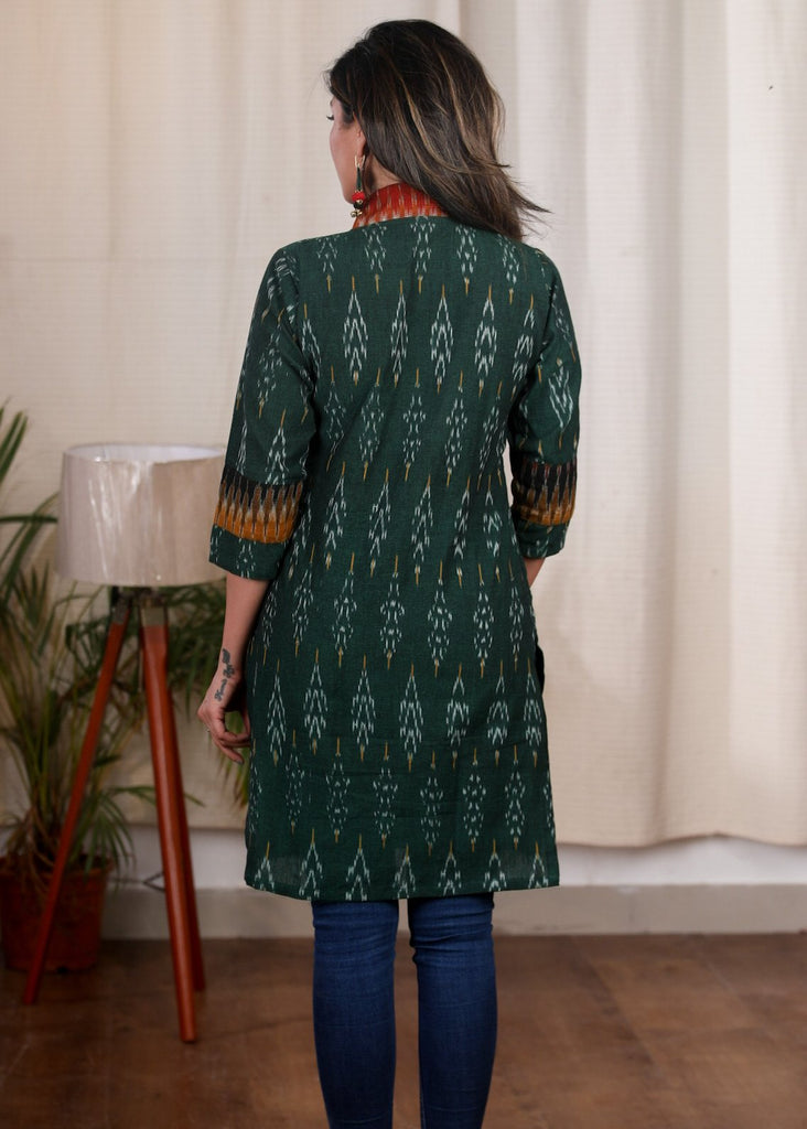 Exclusive green ikat tunic with Kutch embroidered mirror work