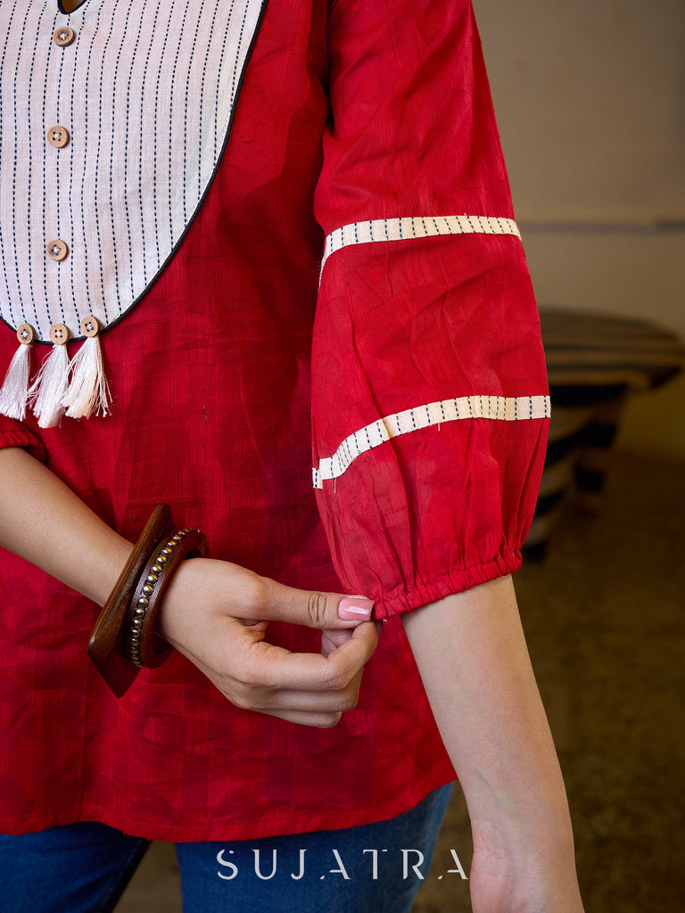 Regal Red Jacquard Woven Cotton Top with Traditional Kantha Striped Yoke Detail