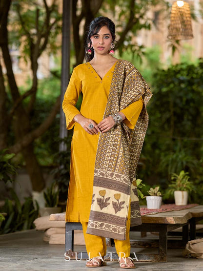 Bright Mustard Cotton Kurta with Classic V Neckline