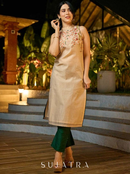 Chic Sleeveless Chanderi Beige Kurta with Minimal Floral Hand Embroidery