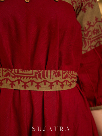 Classic Maroon & Beige Cotton Dress with Jamdani Inspired Hand Block Printed Border and Tie-Up Belt