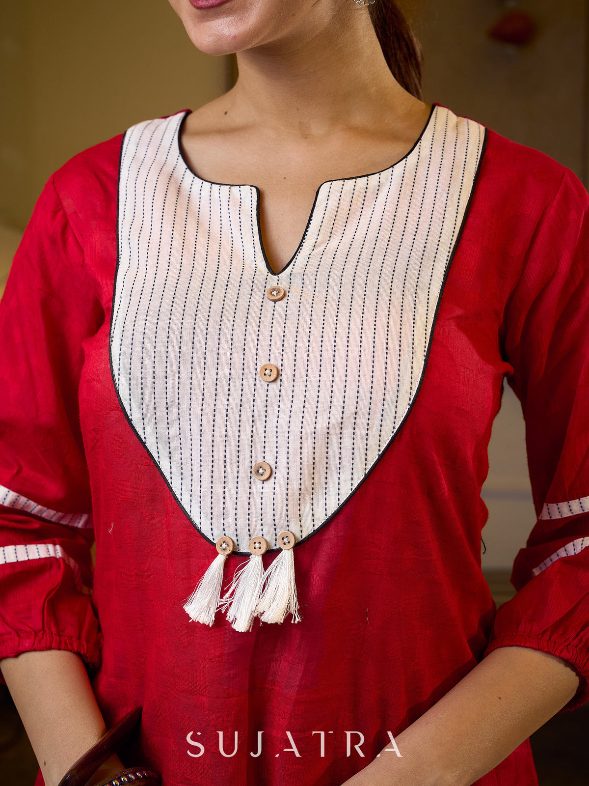 Regal Red Jacquard Woven Cotton Top with Traditional Kantha Striped Yoke Detail