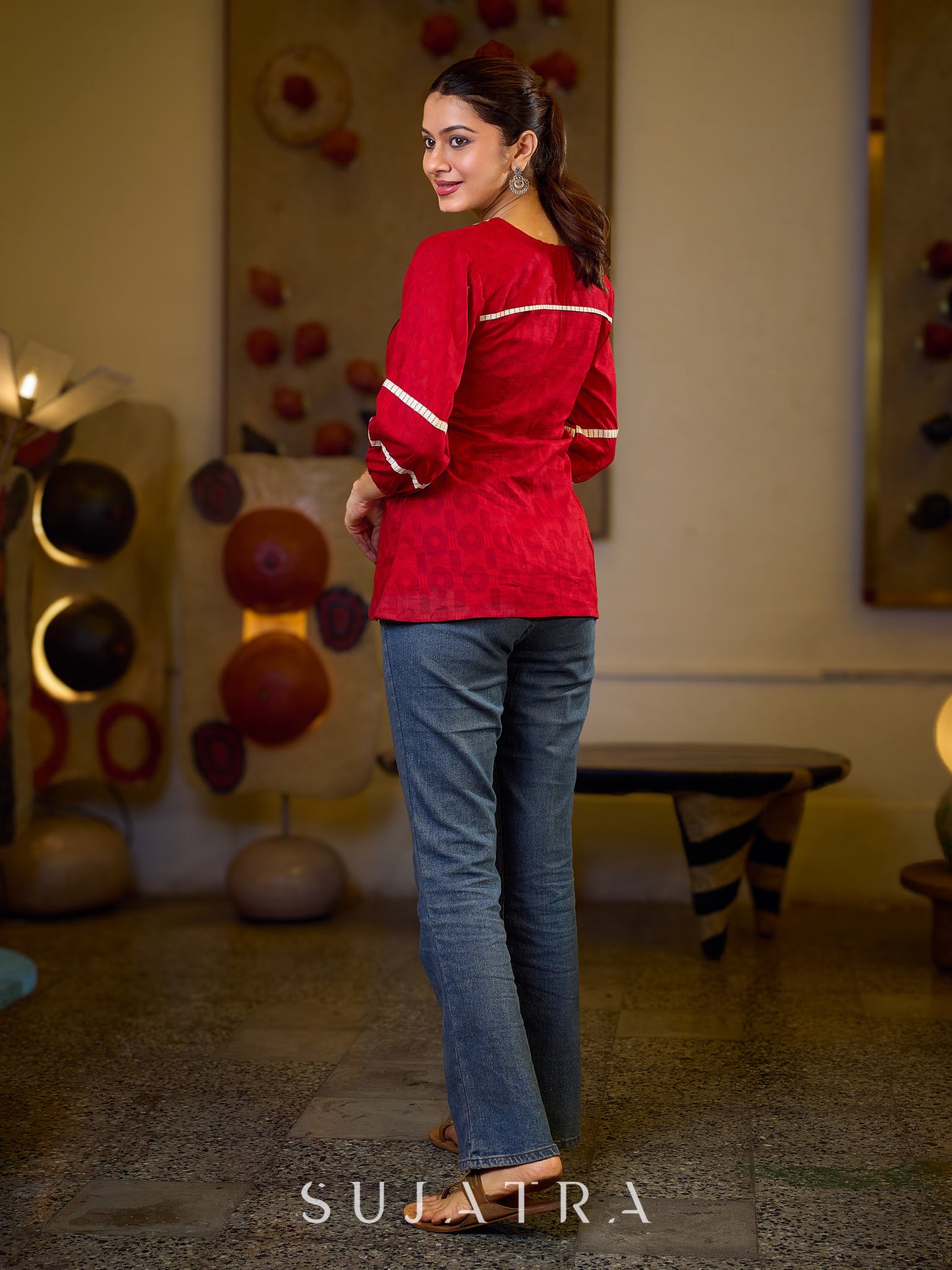 Regal Red Jacquard Woven Cotton Top with Traditional Kantha Striped Yoke Detail