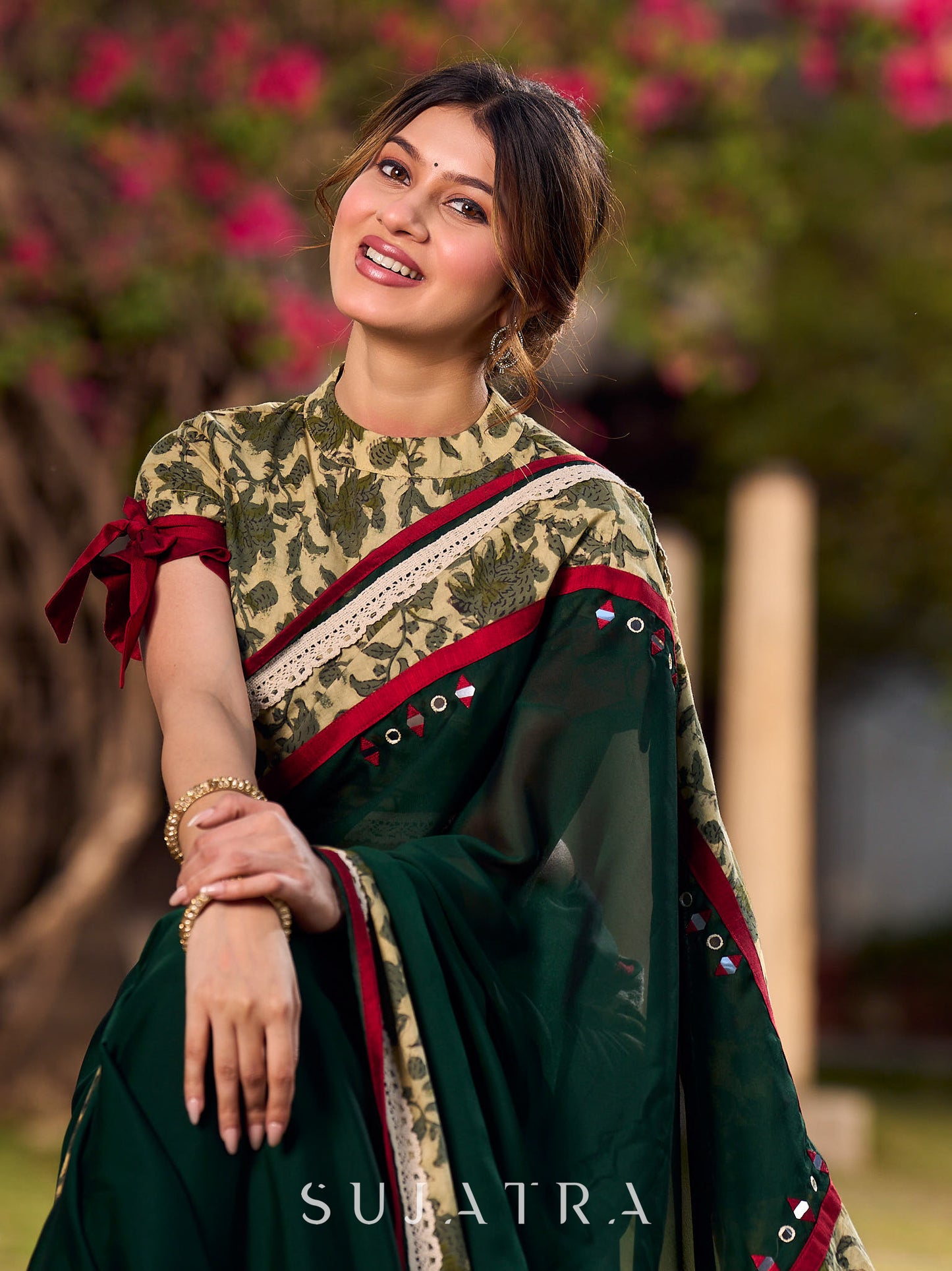 Chic Dark Green Silk Saree with Natural Floral Print Border
