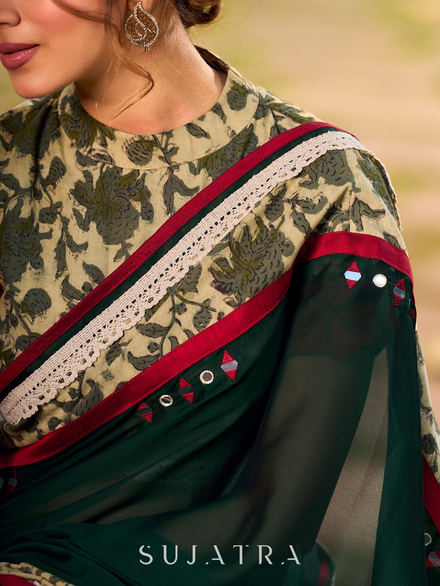 Chic Dark Green Silk Saree with Natural Floral Print Border