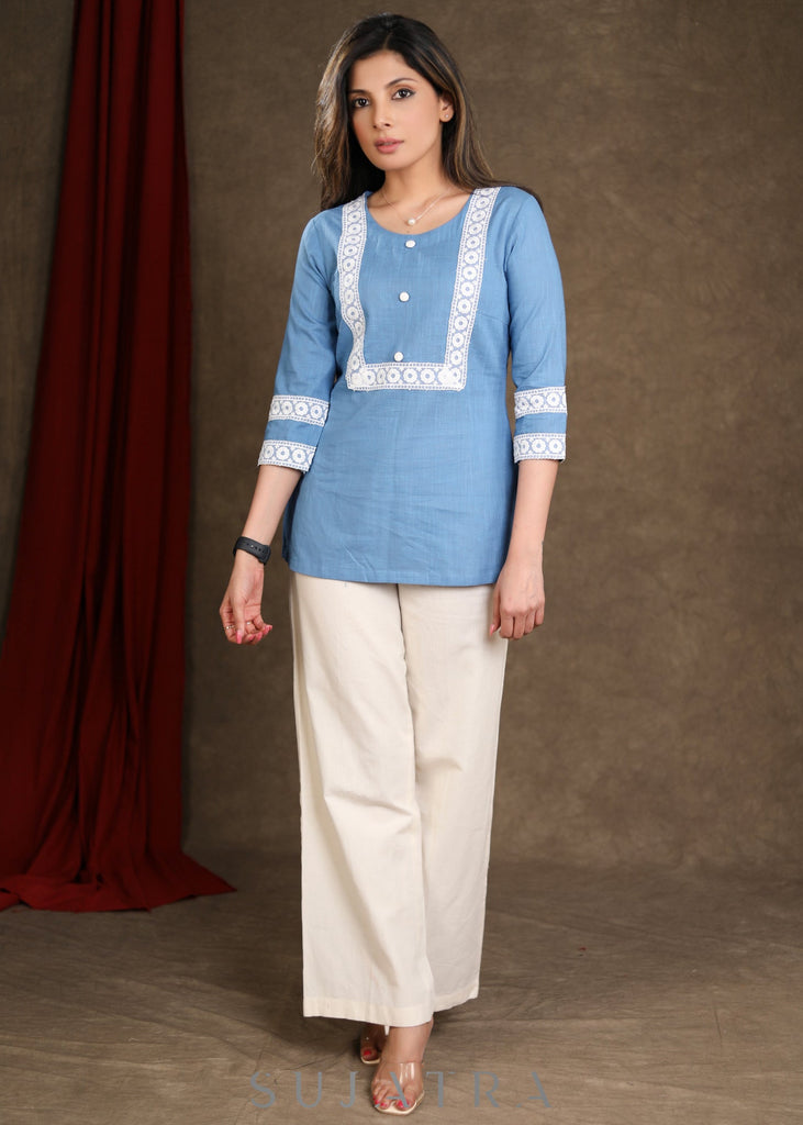 Smart Powder Blue Cotton Top with white Lace Detailing
