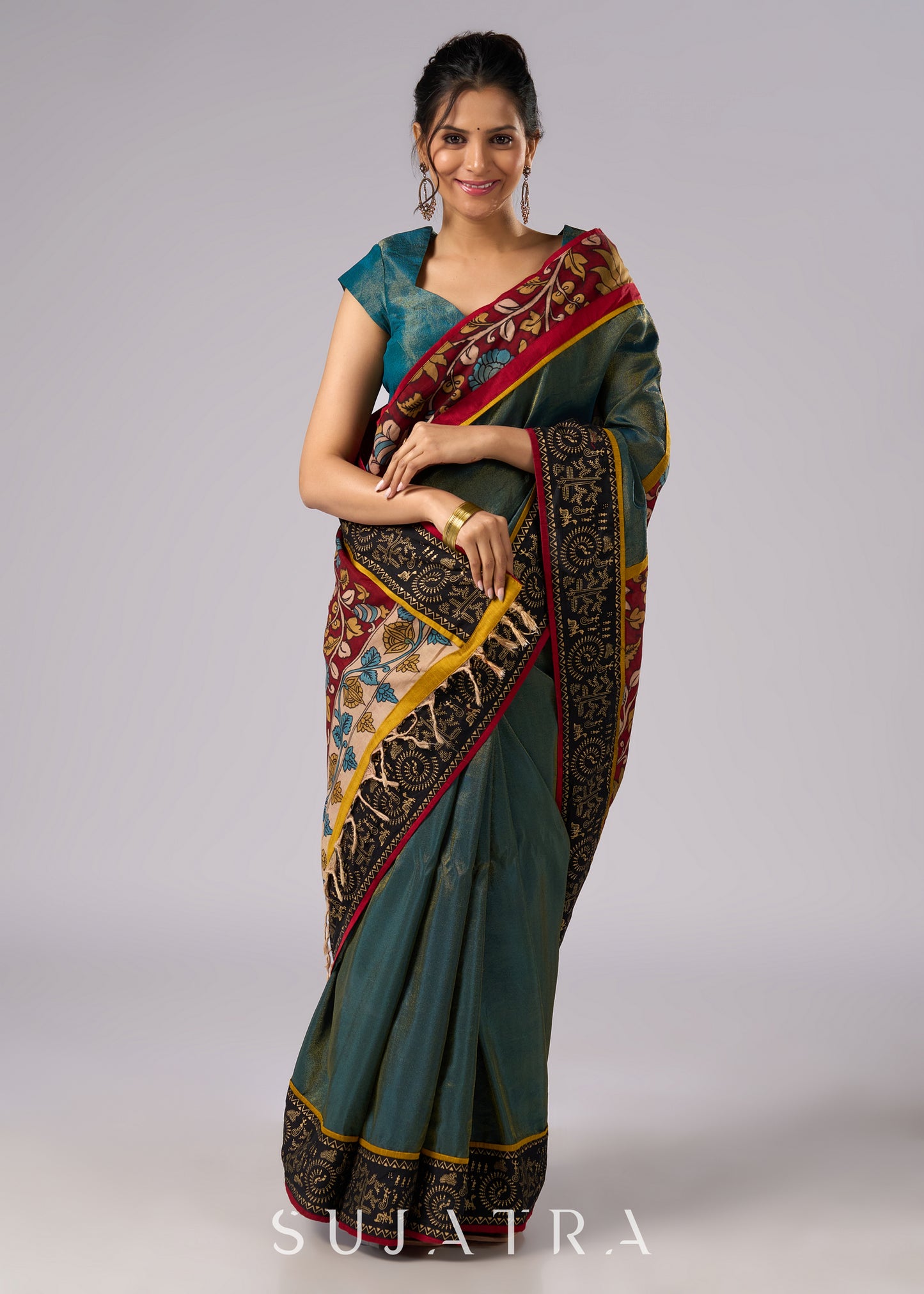 Elegant tissue saree with hand painted Kalamkari pallu
