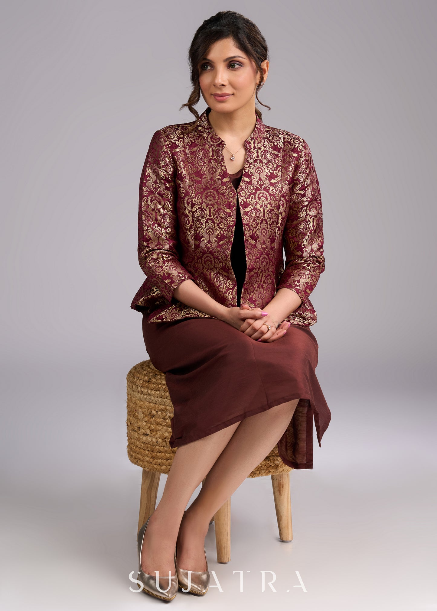 Regal Brown Brocade Peplum Blazer Jacket - Dress optional