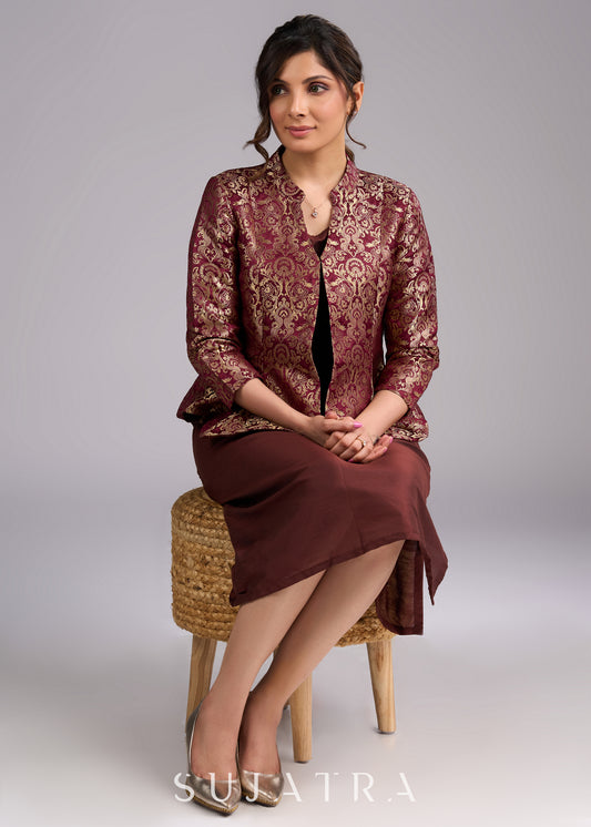 Regal Brown Brocade Peplum Blazer Jacket - Dress optional