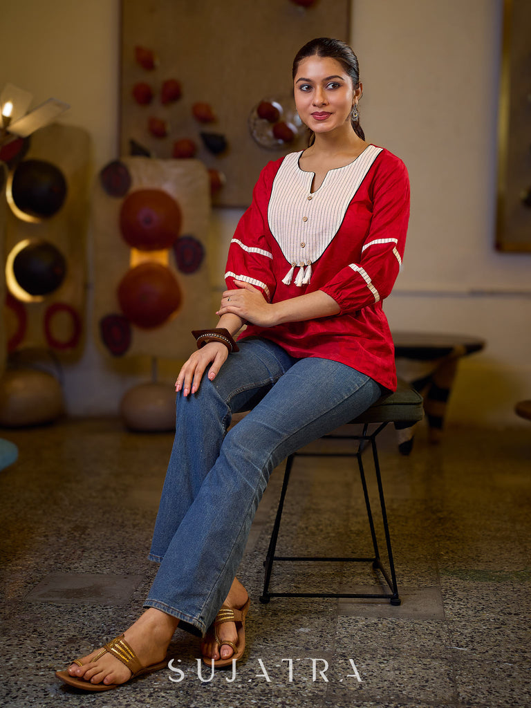 Regal Red Jacquard Woven Cotton Top with Traditional Kantha Striped Yoke Detail