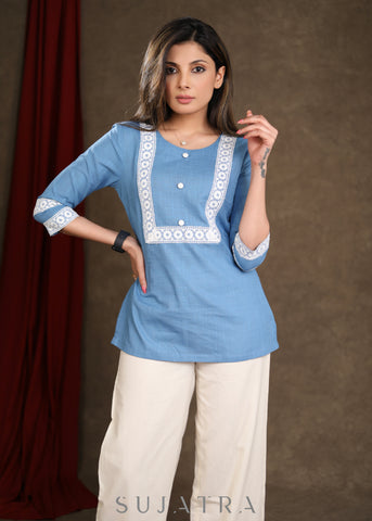 Smart Powder Blue Cotton Top with white Lace Detailing