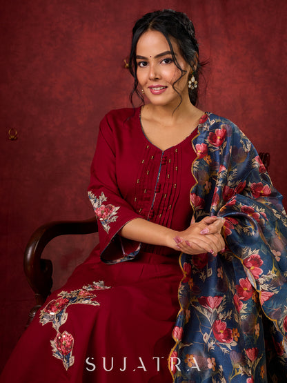 Elegant kurta in soft maroon rayon with handcrafted appliqué detailing  - pant and dupatta optional