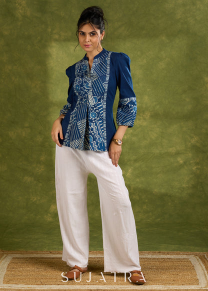 Navy Blue Cotton Indigo Top With Patchwork Detailing And Gathered Sleeves